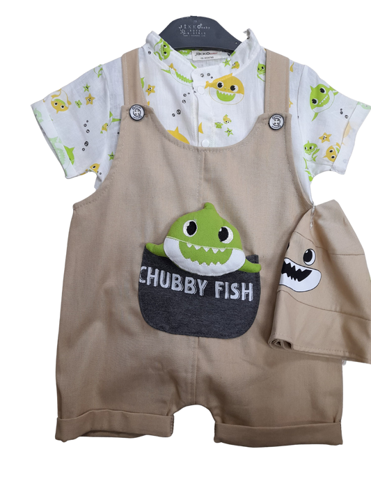 Chubby Fish Patterned Light Brown Overalls, Hat and Shirt Set 9 to 18 months
