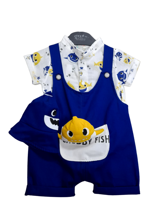 Chubby Fish Patterned Dark Blue Overalls, Hat and Shirt Set 9 to 18 months